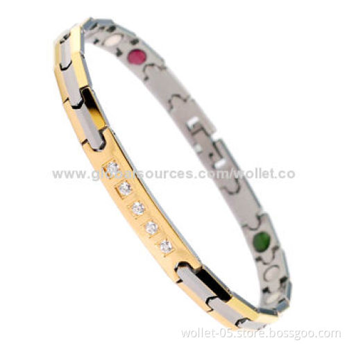 Gold Plating Stainless Steel Therapy Bracelet with CZ Stone, High-polished, Good for Health